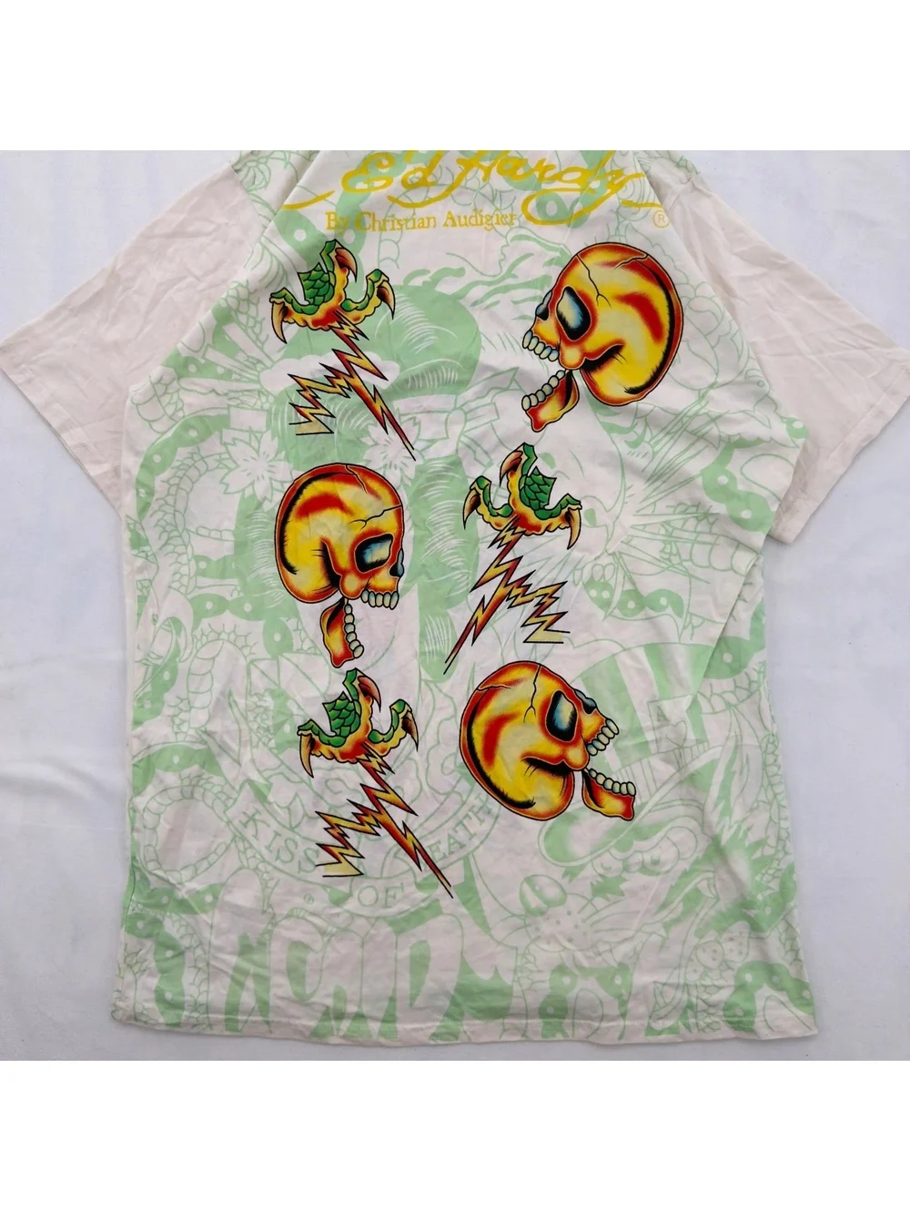 Vintage Ed Hardy Christian Audigier All Over Print T-Shirt 3XL White Green RARE